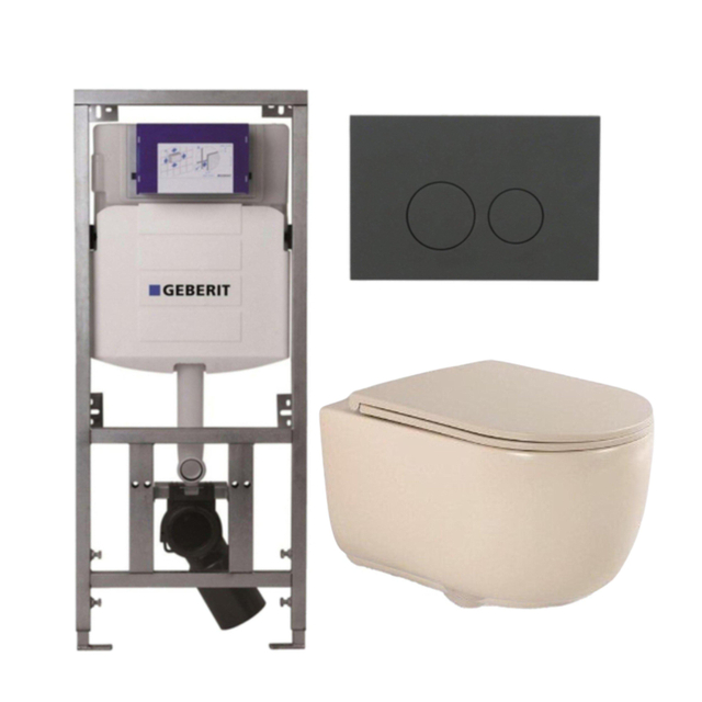 Geberit QeramiQ Dely Swirl Toiletset - 36.3x51.7cm -  UP320 Burda inbouwreservoir - slim zitting - bedieningsplaat mat antraciet - ronde knoppen - beige 0701131/SW1102376/SW1000770/SW1026259