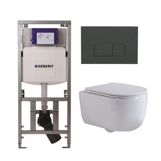 Geberit QeramiQ Dely Swirl Toiletset - 36.3x51.7cm -  UP320 Burda inbouwreservoir - slimzitting - bedieningsplaat antraciet mat - rechthoekige knoppen - wit mat 0701131/SW1102377/SW1000766/SW1026257