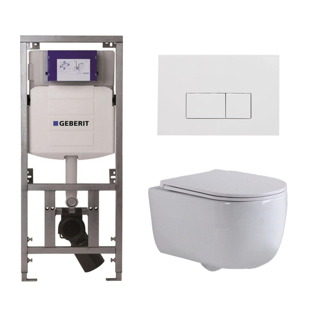 Geberit QeramiQ Dely Swirl Toiletset - 36.3x51.7cm -  UP320 Burda inbouwreservoir - slimzitting - glans witte bedieningsplaat - rechthoekige knoppen - wit mat 0701131/SW706187/SW1000766/SW1026257