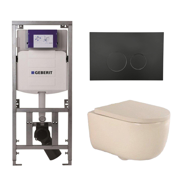 Geberit QeramiQ Dely Swirl Toiletset - 36.3x51.7cm -  UP320 Burda inbouwreservoir - 35mm zitting - mat zwarte bedieningsplaat - ronde knoppen - beige 0701131/SW706188/SW1000771/SW1026259