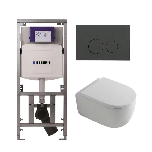 Geberit QeramiQ Dely Swirl Toiletset - 36.3x51.7cm -  UP320 Burda inbouwreservoir - 35mm zitting - bedieningsplaat mat antraciet - ronde knoppen - wit glans 0701131/SW1102376/SW1000767/SW1026256
