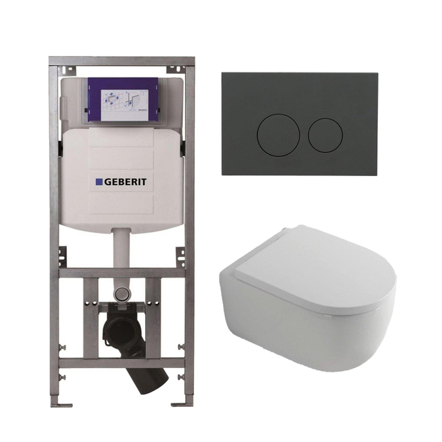 Geberit QeramiQ Dely Swirl Toiletset - 36.3x51.7cm -  UP320 Burda inbouwreservoir - 35mm zitting - bedieningsplaat mat antraciet - ronde knoppen - wit mat 0701131/SW1102376/SW1000767/SW1026257