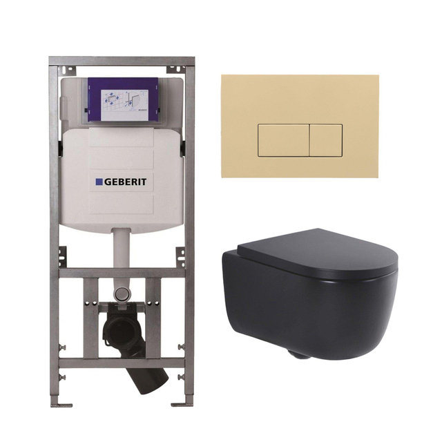 Geberit QeramiQ Dely Swirl Toiletset - 36.3x51.7cm -  UP320 Burda inbouwreservoir - 35mm zitting - bedieningsplaat beige - rechthoekige knoppen - mat zwart 0701131/SW1102366/SW1000769/SW1026258