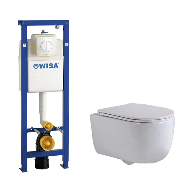 QeramiQ Dely Swirl Toiletset - 36.5x53cm - Wisa XS inbouwreservoir - slim zitting - witte bedieningsplaat - ronde knoppen - glans wit 0704406/sw1000766/SW1026256