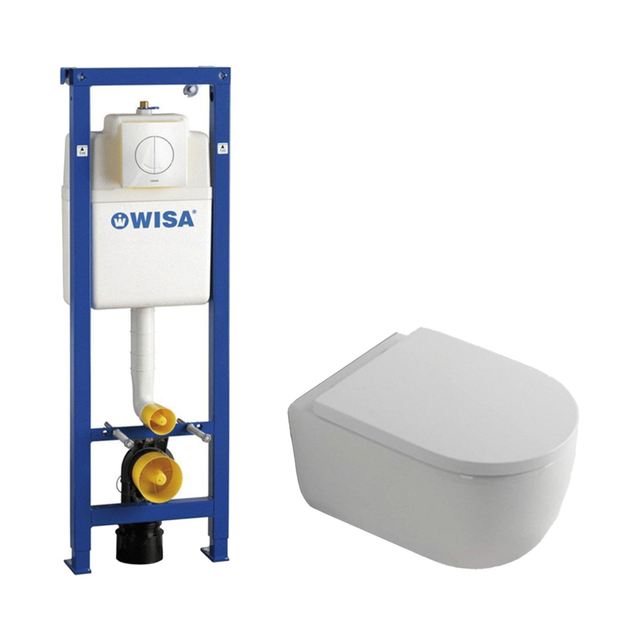 QeramiQ Dely Swirl Toiletset - 36.5x53cm - Wisa XS inbouwreservoir - 35mm zitting - witte bedieningsplaat - ronde knoppen - glans wit 0704406/SW1000767/SW1026256