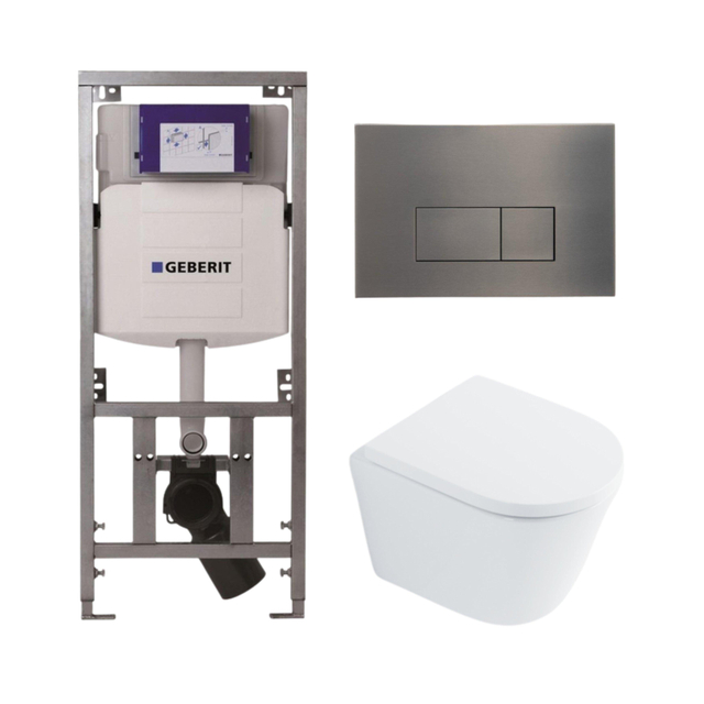 Geberit QeramiQ Dely Toiletset - 36.3x51.7cm - diepspoel - rimless -  UP320 Burda inbouwreservoir - softclose toilet zitting 35 mm - gunmetal bedieningsplaat - rechthoekige knoppen - wit glans SW102625