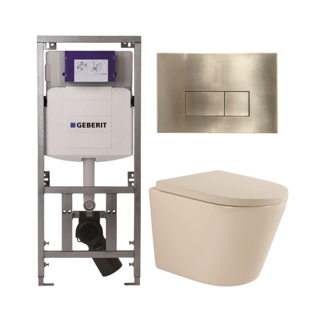 Geberit QeramiQ Dely Toiletset - 36.3x51.7cm - diepspoel - rimless -  UP320 inbouwreservoir - softclose toilet zitting 35 mm - geborsteld messing bedieningsplaat - rechthoekige knoppen - mat beige SW10