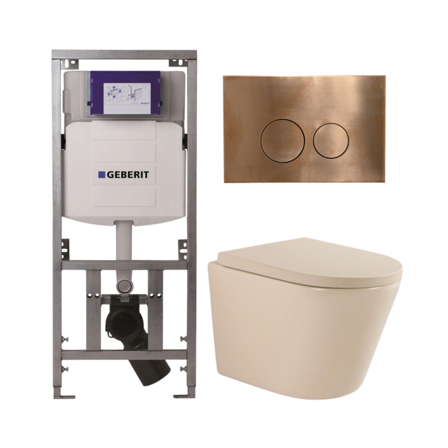 Geberit QeramiQ Dely Toiletset - 36.3x51.7cm - diepspoel - rimless -  UP320 inbouwreservoir - softclose toilet zitting 35 mm - koperen bedieningsplaat - ronde knoppen - mat beige SW1000764/SW1000771/07