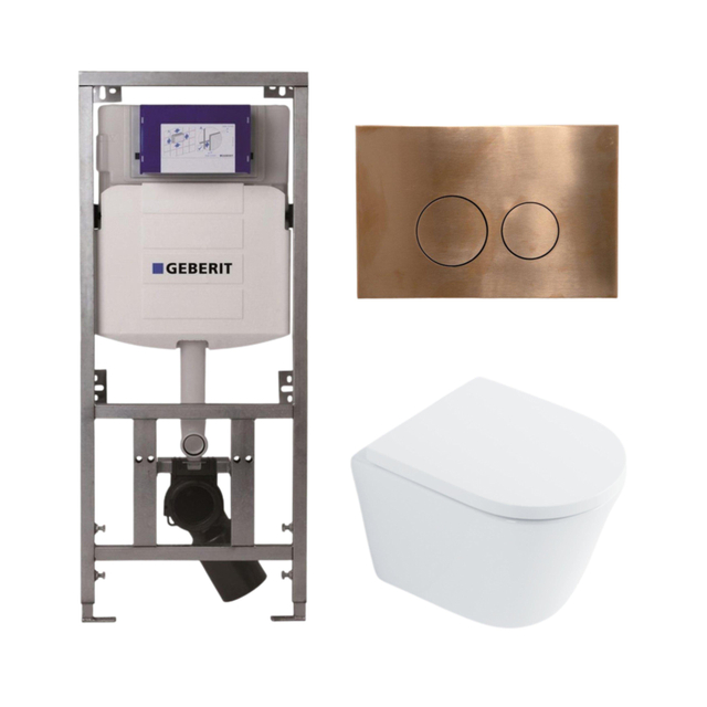 Geberit QeramiQ Dely Toiletset - 36.3x51.7cm - diepspoel - rimless -  UP320 Burda inbouwreservoir - softclose toilet zitting 35 mm - koperen bedieningsplaat - ronde knoppen - wit glans SW1026255 / SW11