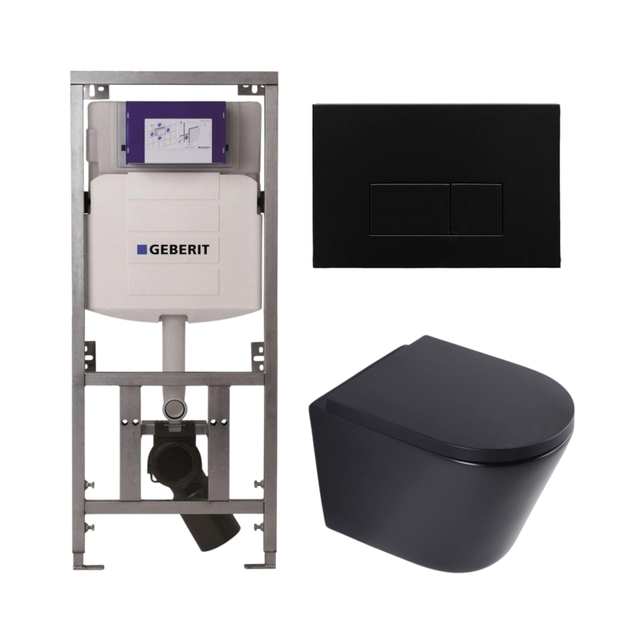 Geberit QeramiQ Dely Toiletset - 36.3x51.7cm - diepspoel - rimless -  UP320 inbouwreservoir - softclose toilet zitting 35 mm - metaal mat zwarte bedieningsplaat - rechthoekige knoppen - mat zwart SW102