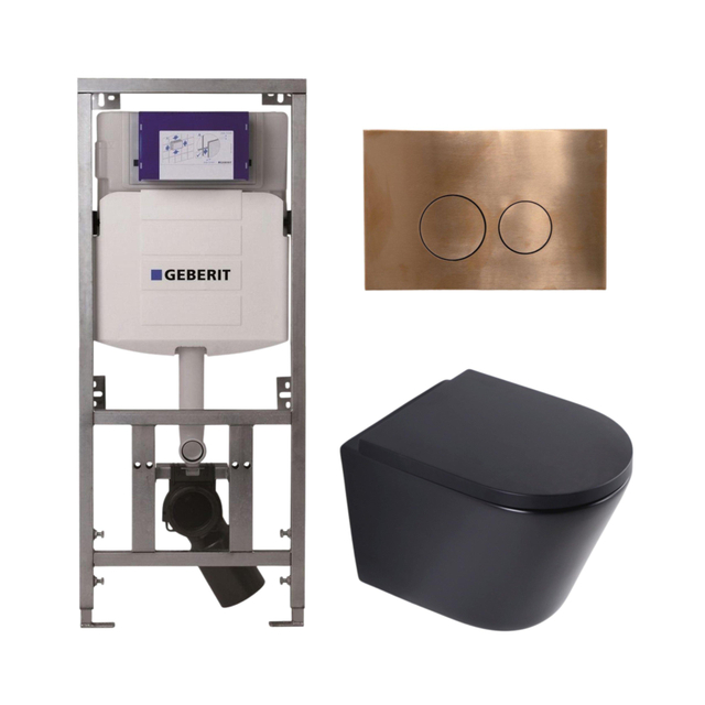 Geberit QeramiQ Dely Toiletset - 36.3x51.7cm - diepspoel - rimless -  UP320 inbouwreservoir - softclose toilet zitting 35 mm - koperen bedieningsplaat - ronde knoppen - mat zwart SW1026253/SW1000769/07
