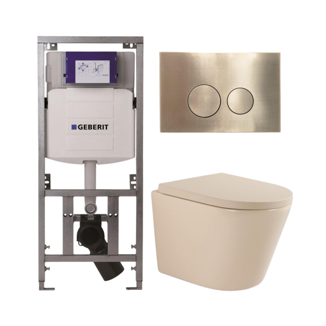 Geberit QeramiQ Dely Toiletset - 36.3x51.7cm - diepspoel - rimless -  UP320 inbouwreservoir - softclose toilet zitting 35 mm - geborsteld messing bedieningsplaat - ronde knoppen - mat beige SW1000764/S