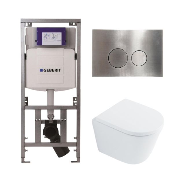 Geberit QeramiQ Dely Toiletset - 36.3x51.7cm - diepspoel - rimless -  UP320 Burda inbouwreservoir - softclose toilet zitting 35 mm - steel bedieningsplaat - ronde knoppen - wit glans SW1026255 / SW1159