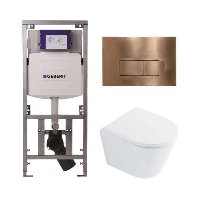 Geberit QeramiQ Dely Toiletset - 36.3x51.7cm - diepspoel - rimless -  UP320 Burda inbouwreservoir - softclose toilet zitting 35 mm - koperen bedieningsplaat - rechthoekige knoppen - wit glans SW1026255