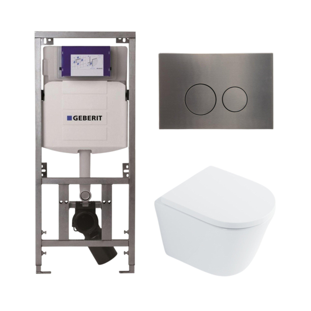 Geberit QeramiQ Dely Toiletset - 36.3x51.7cm - diepspoel - rimless -  UP320 Burda inbouwreservoir - softclose toilet zitting 35 mm - gunmetal bedieningsplaat - ronde knoppen - wit glans SW1026255 / SW1