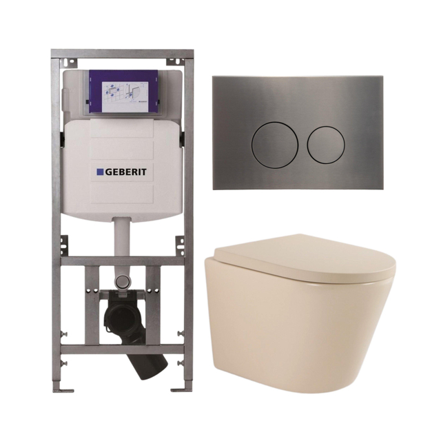 Geberit QeramiQ Dely Toiletset - 36.3x51.7cm - diepspoel - rimless -  UP320 inbouwreservoir - softclose toilet zitting 35 mm - gunmetal bedieningsplaat - ronde knoppen - mat beige SW1000764/SW1000771/0