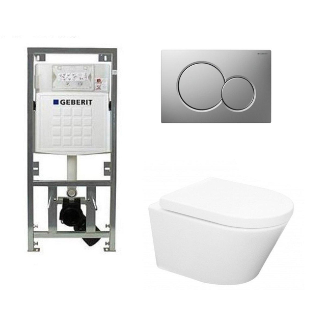 Geberit Wiesbaden Vesta toiletset Rimless 52cm inclusief UP320 toiletreservoir en softclose toiletzitting met bedieningsplaat glans verchroomd 0701131/0700519/sw65812/