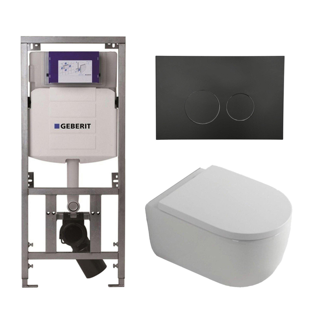 Geberit QeramiQ Dely Swirl Toiletset - 36.3x51.7cm - diepspoel - rimless -  UP320 Burda inbouwreservoir - 35mm zitting - mat zwarte metalen bedieningsplaat - ronde knoppen - wit mat 0701131/SW706192/SW