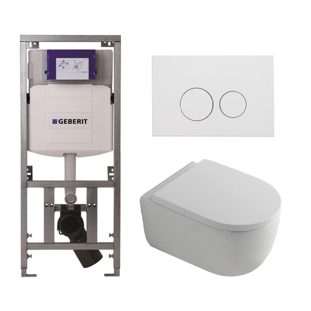 Geberit QeramiQ Dely Swirl Toiletset - 36.3x51.7cm -  UP320 Burda inbouwreservoir - 35mm zitting - mat witte metalen bedieningsplaat - ronde knoppen - wit glans 0701131/SW706190/SW1000767/SW1026256