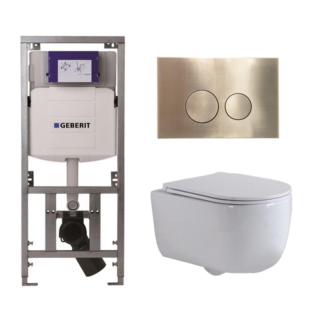 Geberit QeramiQ Dely Swirl Toiletset - 36.3x51.7cm - diepspoel - rimless -  UP320 Burda inbouwreservoir -slim zitting - geborsteld messing bedieningsplaat - ronde knoppen - wit mat 0701131/SW706200/SW1