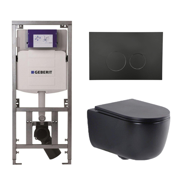 Geberit QeramiQ Dely Swirl Toiletset - 36.3x51.7cm -  UP320 Burda inbouwreservoir - slim zitting - mat zwarte metalen bedieningsplaat - ronde knoppen - mat zwart 0701131/SW706192/SW1000768/SW1026258