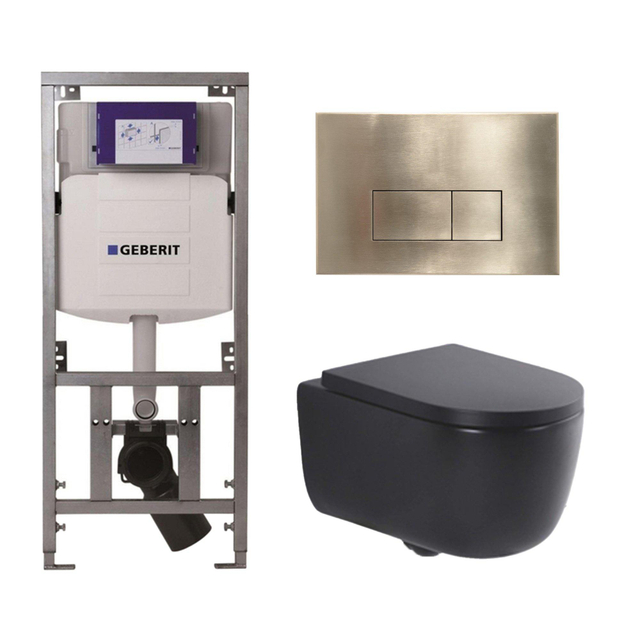 Geberit QeramiQ Dely Swirl Toiletset - 36.3x51.7cm -  UP320 Burda inbouwreservoir - 35mm zitting - geborsteld messing bedieningsplaat - rechthoekige knoppen - mat zwart 0701131/SW706201/SW1000769/SW102