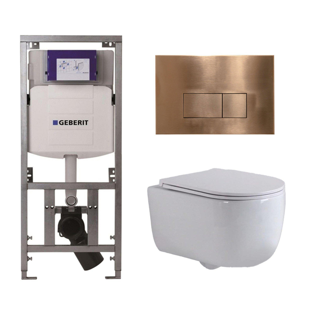 Geberit QeramiQ Dely Swirl Toiletset - 36.3x51.7cm - diepspoel - rimless -  UP320 Burda inbouwreservoir - slim zitting - koperen bedieningsplaat - rechtehoekige knoppen - wit mat 0701131/SW706197/SW100