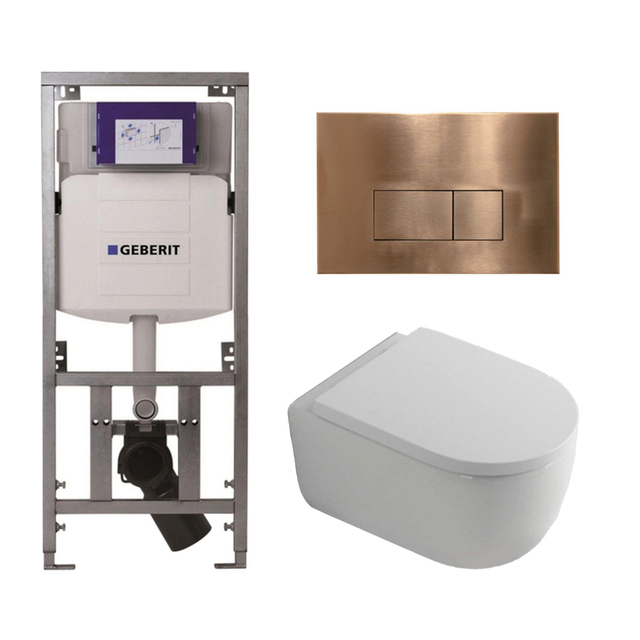 Geberit QeramiQ Dely Swirl Toiletset - 36.3x51.7cm - diepspoel - rimless -  UP320 Burda inbouwreservoir - 35mm zitting - koperen bedieningsplaat - rechtehoekige knoppen - wit mat 0701131/SW706197/SW100