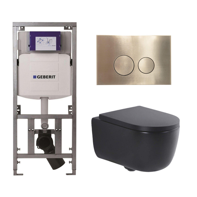 Geberit QeramiQ Dely Swirl Toiletset - 36.3x51.7cm -  UP320 Burda inbouwreservoir - 35mm zitting - geborsteld messing bedieningsplaat - ronde knoppen - mat zwart 0701131/SW706200/SW1000769/SW106258