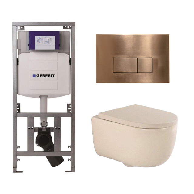 Geberit QeramiQ Dely Swirl Toiletset - 36.3x51.7cm -  UP320 Burda inbouwreservoir - 35mm zitting - koperen bedieningsplaat - rechthoekige knoppen - beige 0701131/SW706197/SW1000771/SW1026259