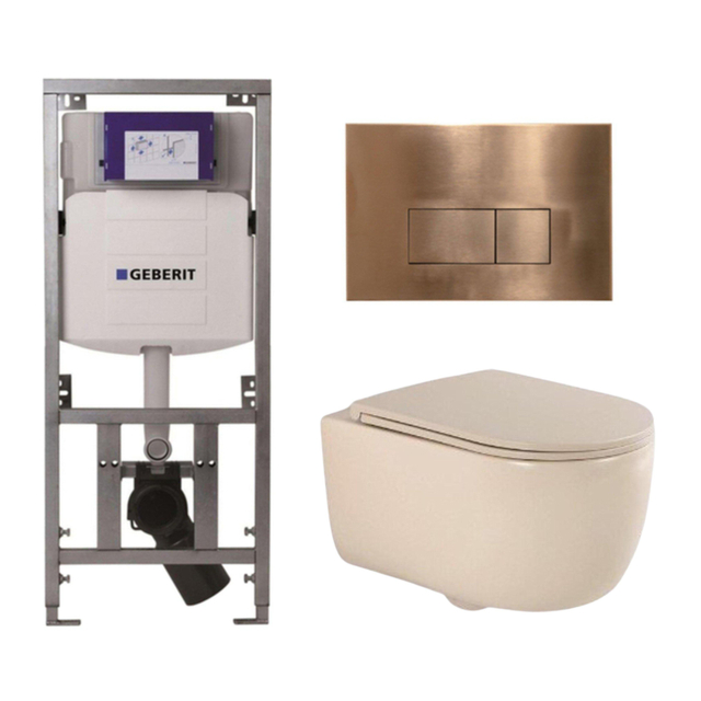Geberit QeramiQ Dely Swirl Toiletset - 36.3x51.7cm -  UP320 Burda inbouwreservoir - slim zitting - koperen bedieningsplaat - rechthoekige knoppen - beige 0701131/SW706197/SW1000770/SW1026259