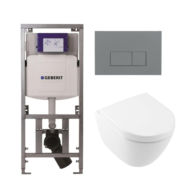Villeroy & Boch Subway 2.0 compact DirectFlush Toiletset - Geberit reservoir - softclose - quickrelease - bedieningsplaat bedieningsplaat licht grijs - rechthoekige knoppen - wit 0701131/1024232/SW110