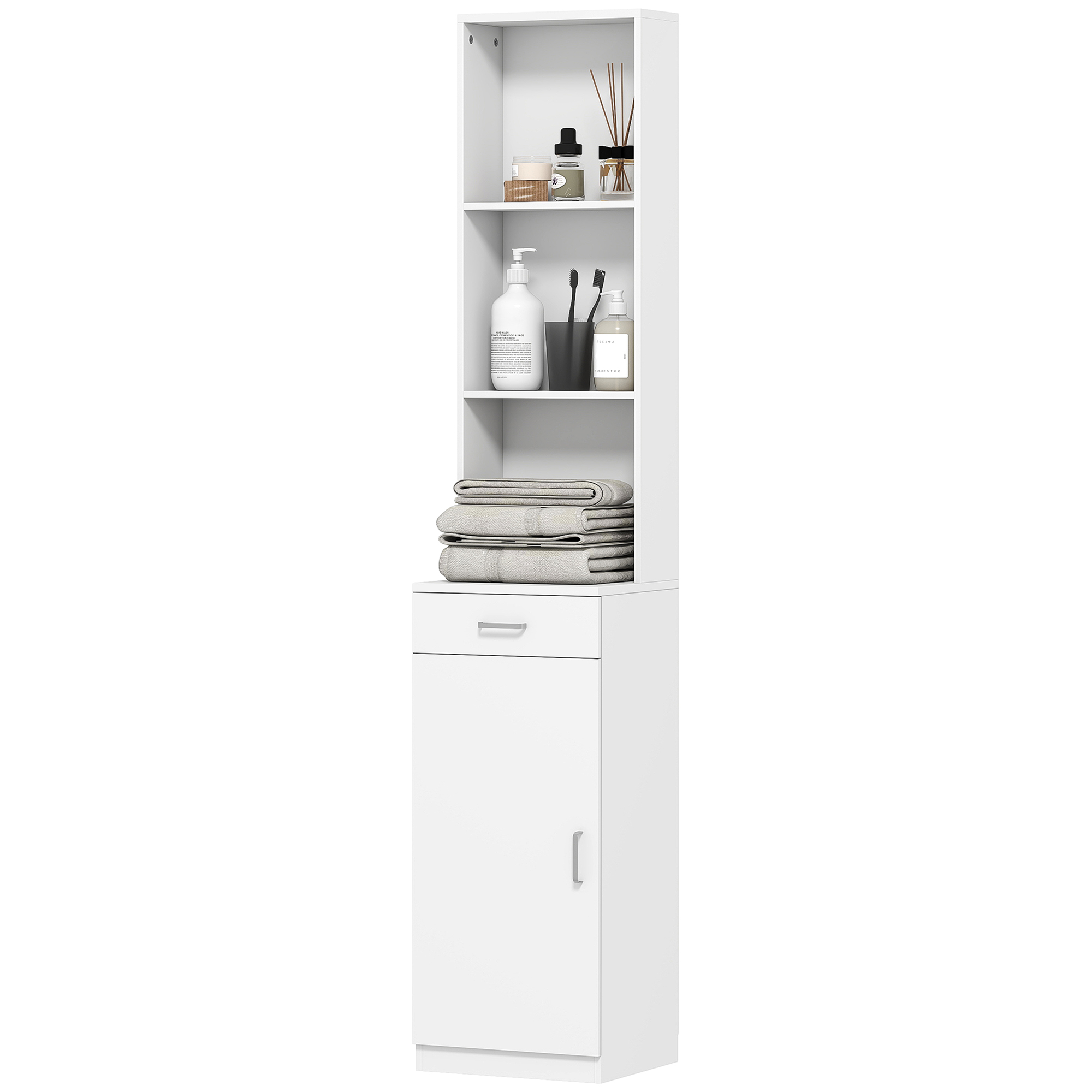 HOMCOM Hoge Badkamerkast, Smal Ontwerp, Lade, Schappen, Kast, Spaanplaat, Wit