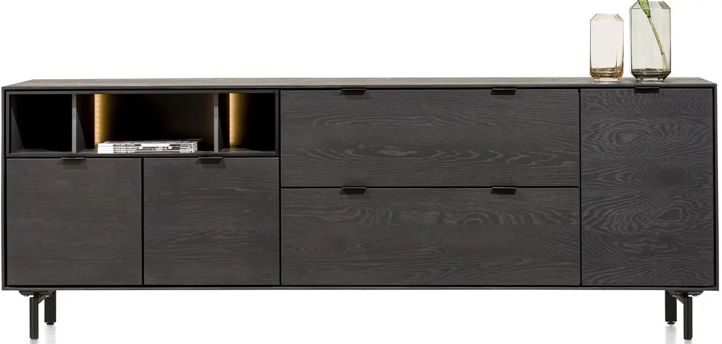 Elements dressoir 210 cm. - 3-deuren + 2-laden + 3-niches + led incl. metalen poten - onyx