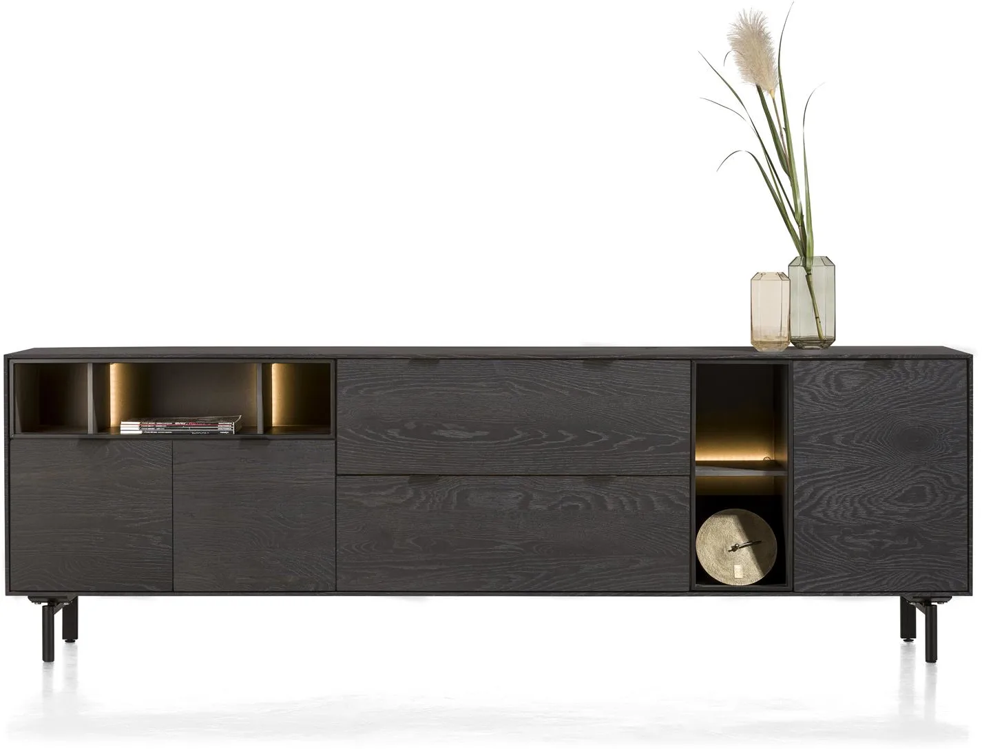 Elements dressoir 240 cm. - 3-deuren + 2-laden + 5-niches + led incl. metalen poten - onyx