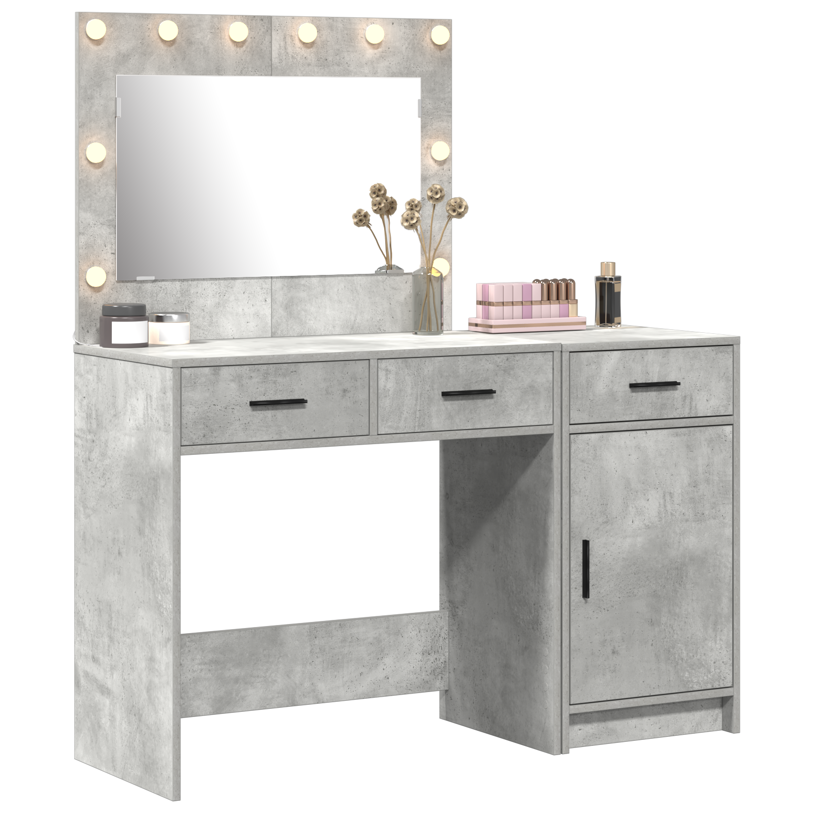 vidaXL 2-Persoons Make-up Tafel Set met LED in Beton Grijs van Engineered Hout