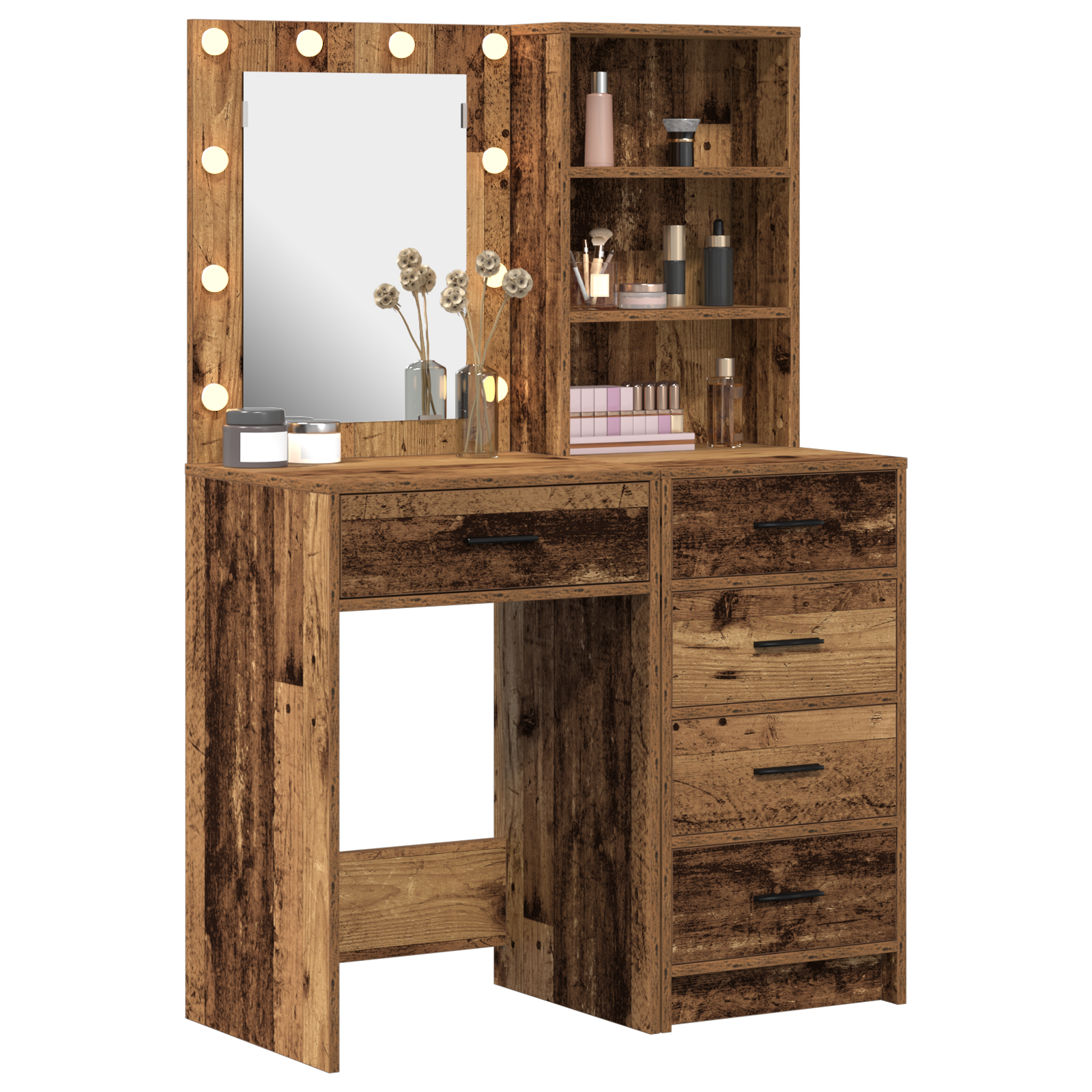 vidaXL 2-delige make-uptafelset met LED in oud hout en samengesteld hout