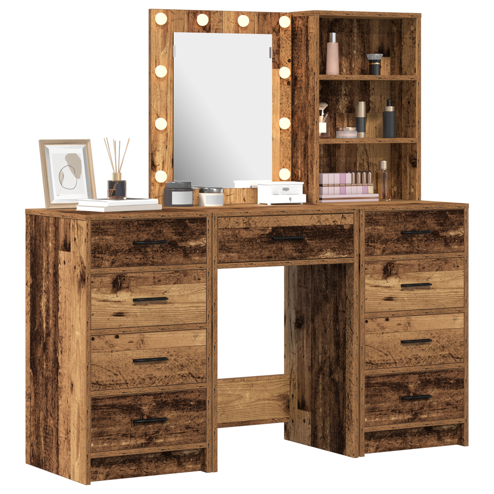 vidaXL 3-delige kaptafelset met LED in een oude houtlook
