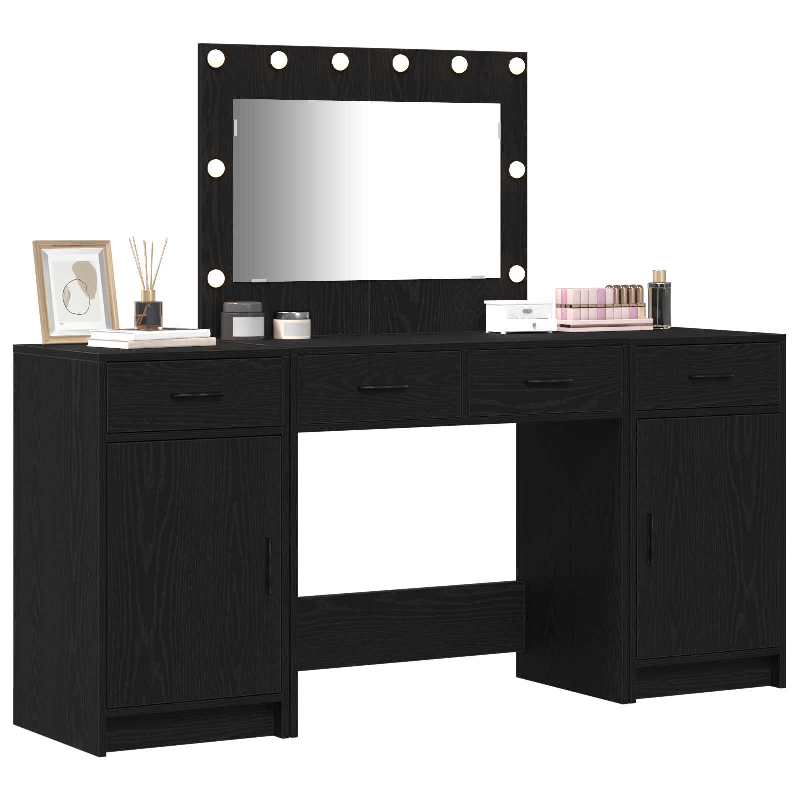 vidaXL 3-delige make-uptafelset met LED in zwart hout