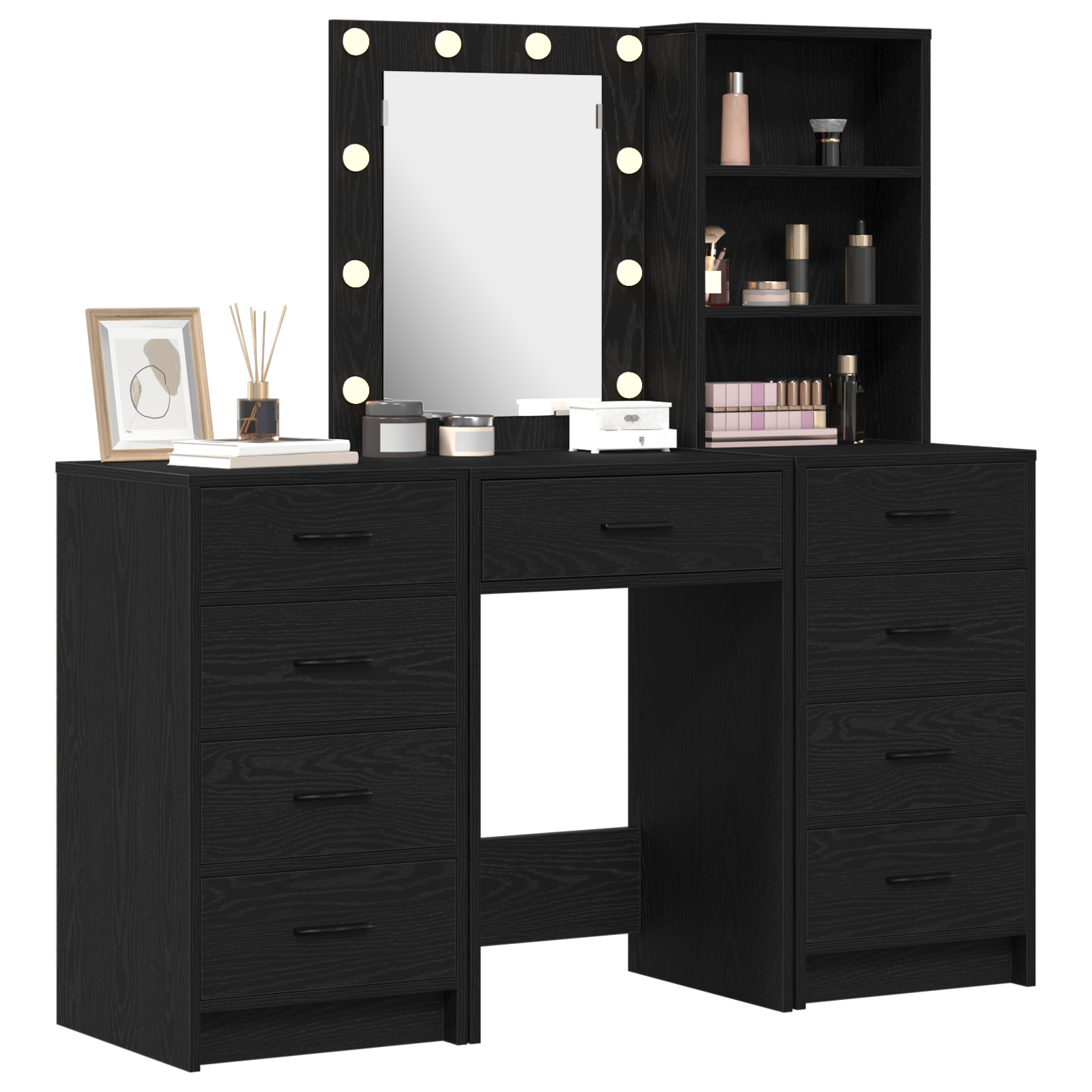vidaXL 3-delige kaptafel set met LED in zwart hout