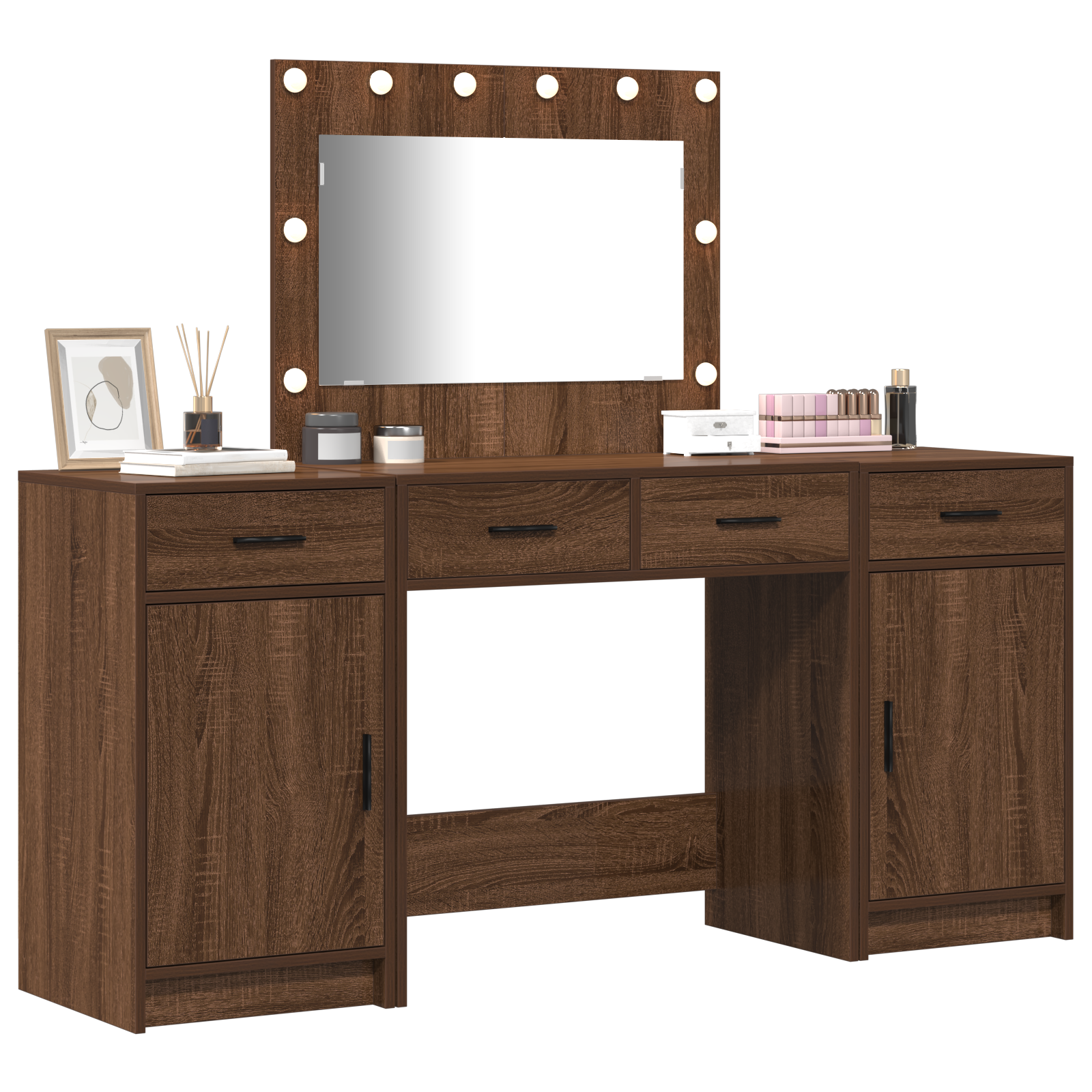 vidaXL 3-delige make-up tafelset met LED in zwart eikenhout