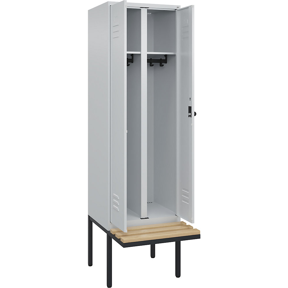 C+P Multifunctionele kledingkast Classic PLUS met zitbank, 1 compartiment, lichtgrijs, b = 600 mm, veiligheidsdraaigrendel, vrijdragend, beuken-hardhout