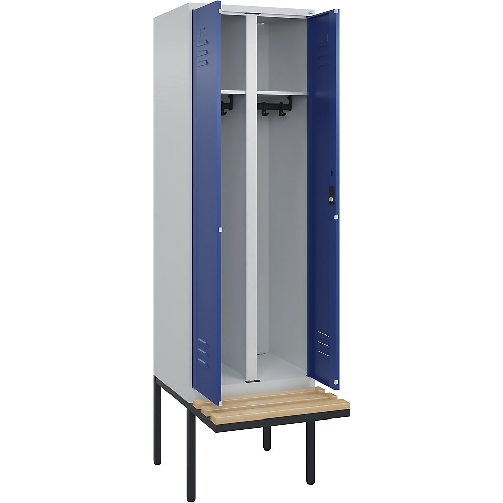 C+P Multifunctionele kledingkast Classic PLUS met zitbank, 1 compartiment, lichtgrijs / gentiaanblauw, b = 600 mm, cilinderslot, vrijdragend, beuken-hardhout
