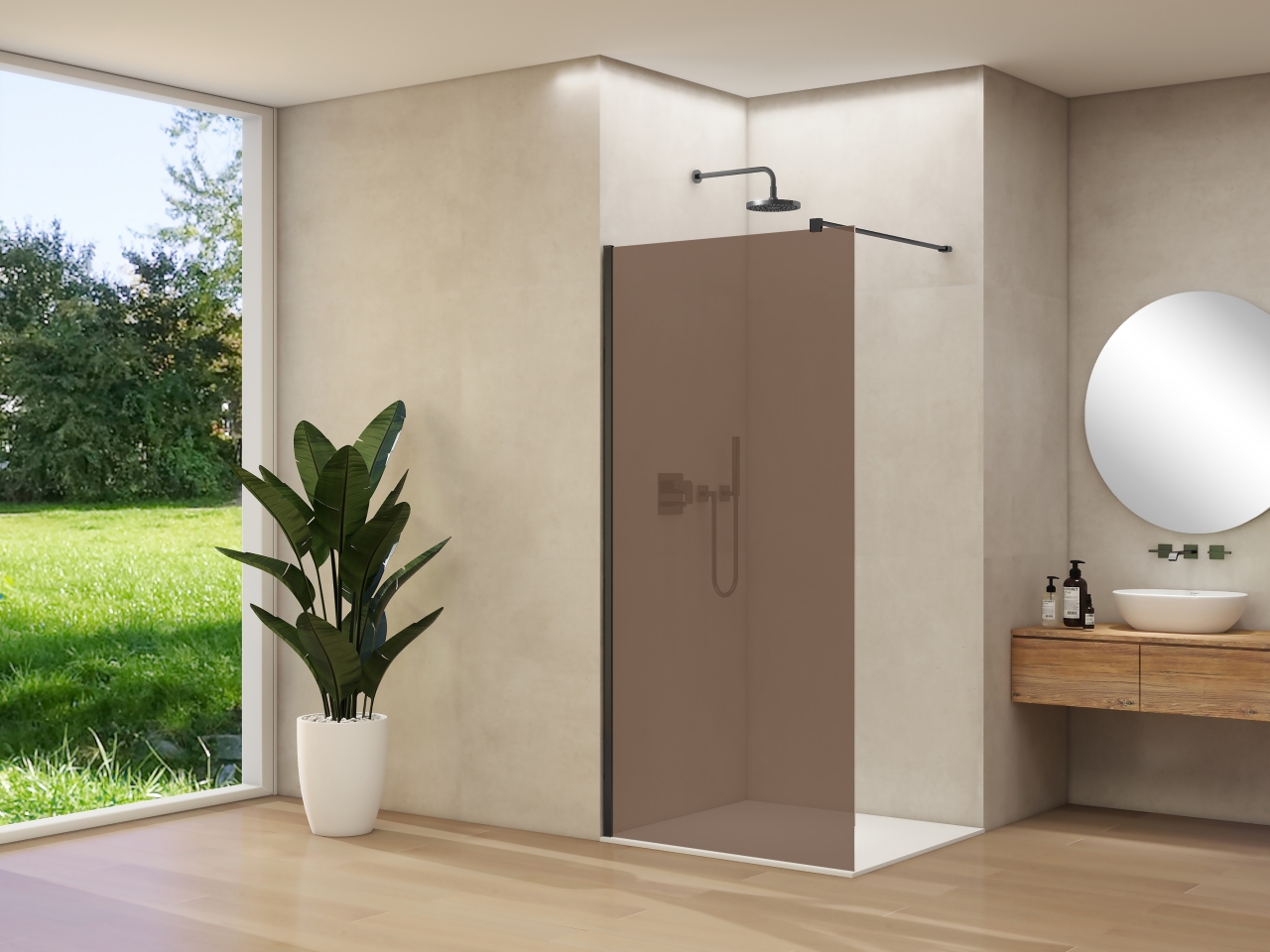 Van Rijn Inloopdouche  Products ST01 120x200 cm 8 mm Brons Rookglas Incl. Beslag met Muurprofiel en Stabilisatiestang Mat Zwart