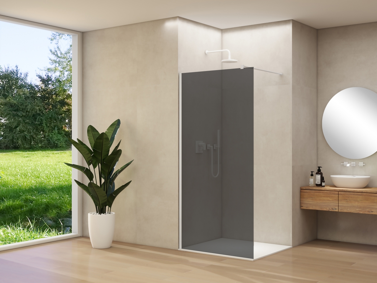 Van Rijn Inloopdouche  Products ST01 120x200 cm 8 mm Rookglas Incl. Beslag met Muurprofiel en Stabilisatiestang Mat Wit