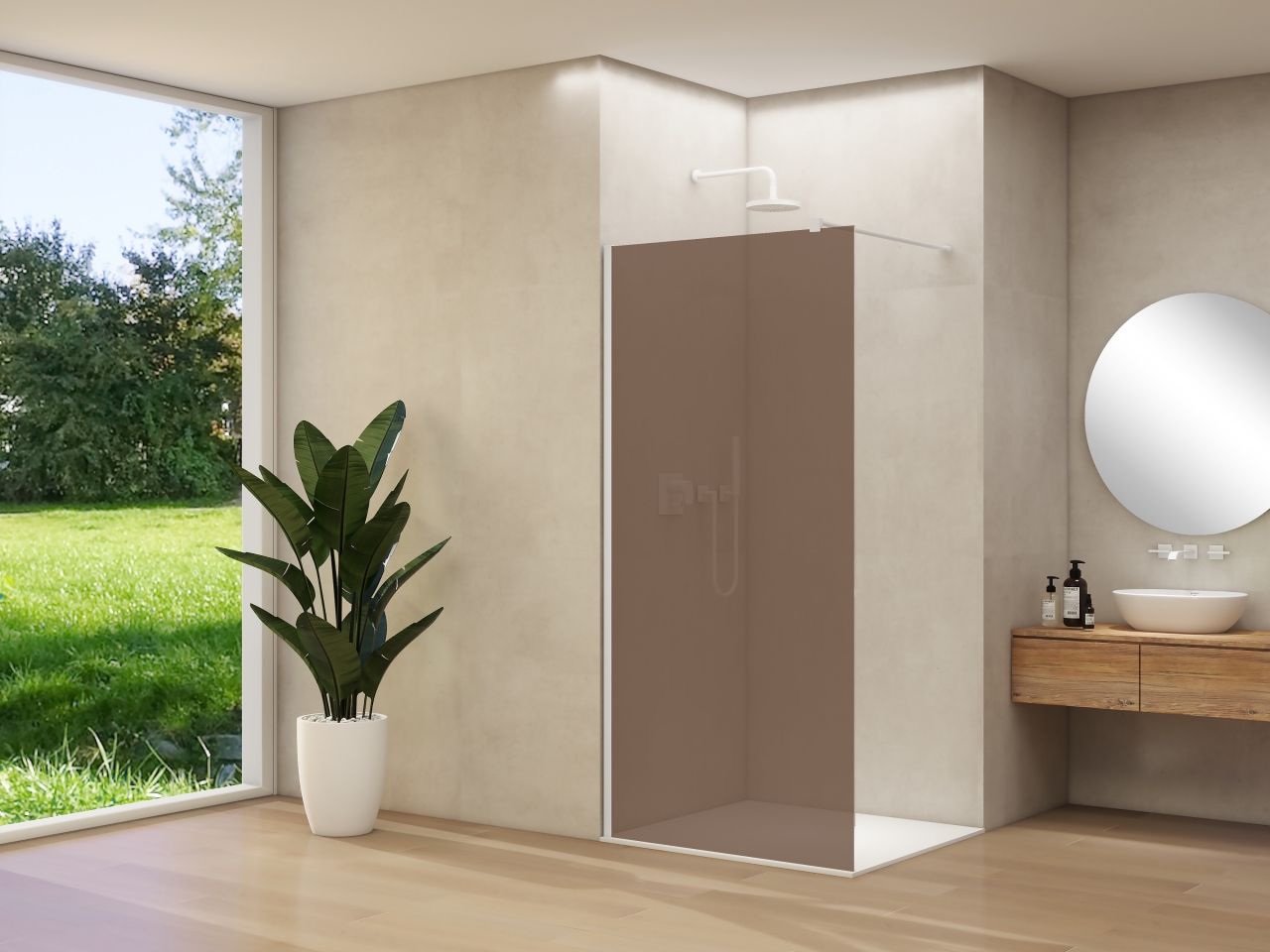 Van Rijn Inloopdouche  Products ST01 120x200 cm 8 mm Brons Rookglas Incl. Beslag met Muurprofiel en Stabilisatiestang Mat Wit