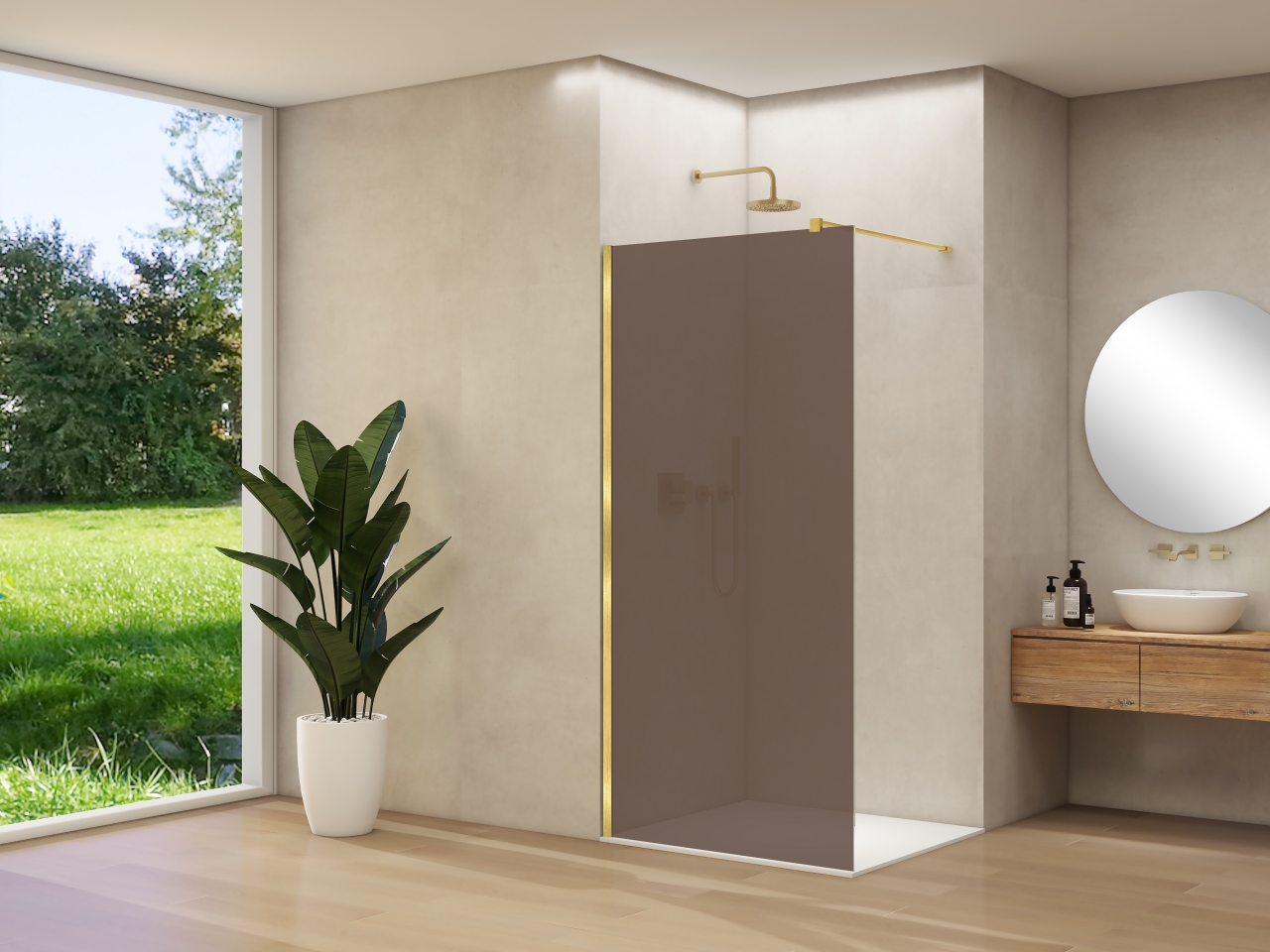 Van Rijn Inloopdouche  Products ST01 120x200 cm 8 mm Brons Rookglas Incl. Beslag met Muurprofiel en Stabilisatiestang Geborsteld Messing