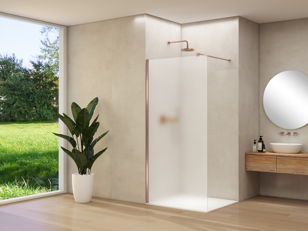 Van Rijn Inloopdouche  Products ST01 120x200 cm 8 mm Satijnglas Incl. Beslag met Muurprofiel en Stabilisatiestang Geborsteld Koper