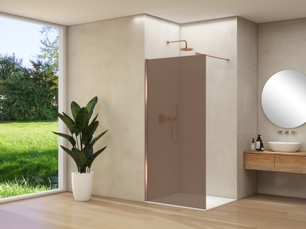 Van Rijn Inloopdouche  Products ST01 120x200 cm 8 mm Brons Rookglas Incl. Beslag met Muurprofiel en Stabilisatiestang Geborsteld Koper