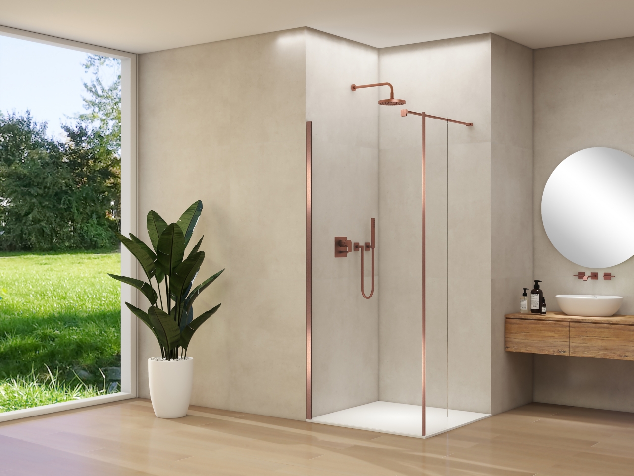 Van Rijn Inloopdouche  Products ST01 Met Haaks Deel L&R 70x200 cm 8 mm Helder Glas Incl. Stabilisatiestang Geborsteld Koper